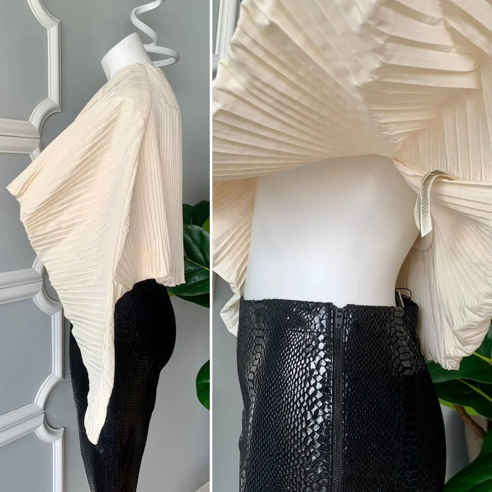 GIA Studios Plissé Taffeta Cropped Cape Top in Ivory Size Medium - Picture 6 of 12